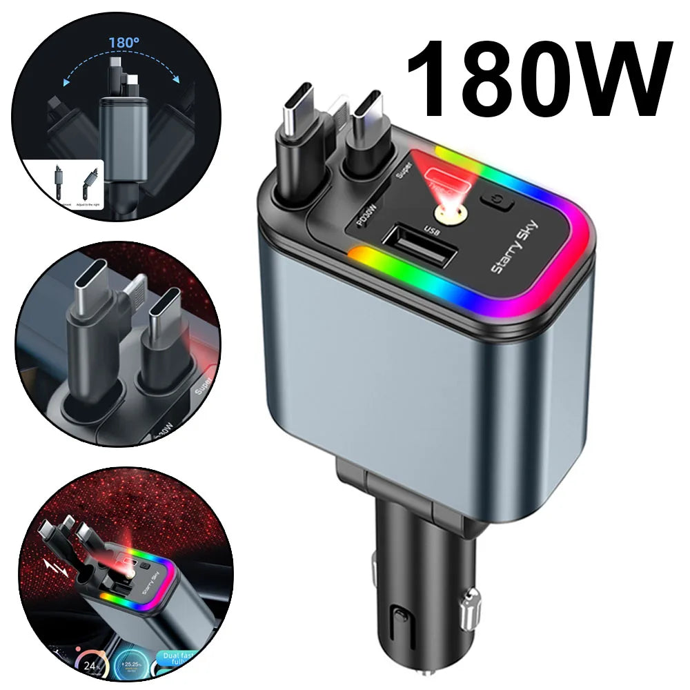 180W Dual-Schnellladeadapter mit einziehbarem Kabel & LED-Umgebungslicht