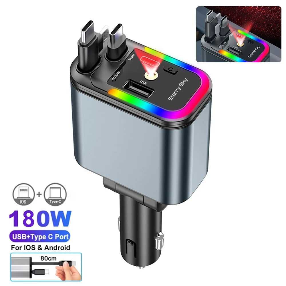 180W Dual-Schnellladeadapter mit einziehbarem Kabel & LED-Umgebungslicht