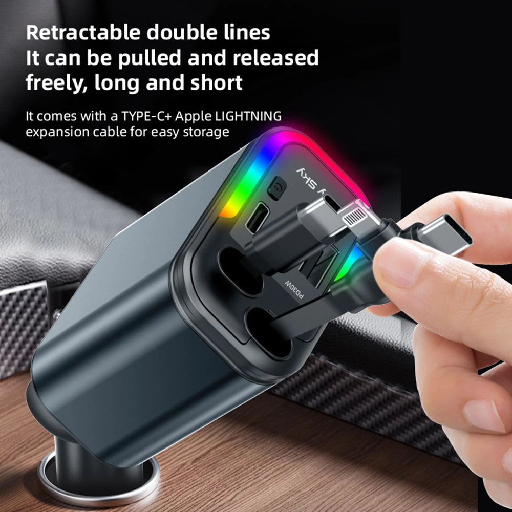 180W Dual-Schnellladeadapter mit einziehbarem Kabel & LED-Umgebungslicht